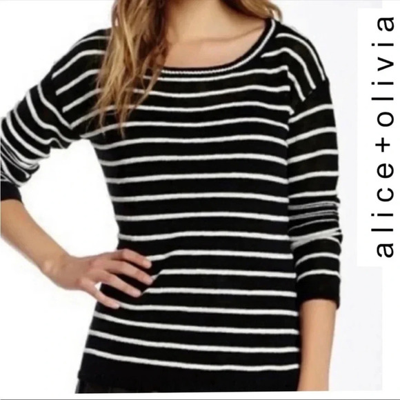 Alice+Olivia Ottoman Linen Blend Striped Sweater Black/White Round Neck Size XS - Picture 1 of 8